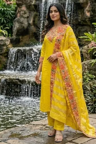 mustard yellow embroidered chanderi straight kurta pant set with dupatta