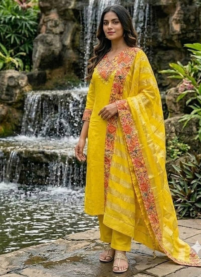 mustard yellow embroidered chanderi straight kurta pant set with dupatta