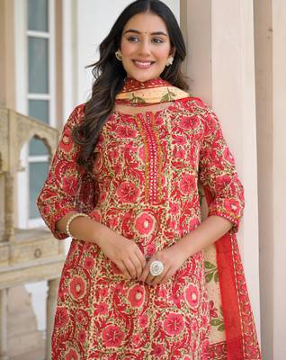 Beautiul red hand block printed cotton straight kurta palazzo suit set with dupatta 4