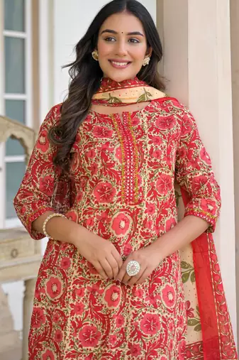 Beautiul red hand block printed cotton straight kurta palazzo suit set with dupatta