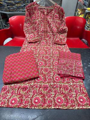 Beautiul red hand block printed cotton straight kurta palazzo suit set with dupatta 5