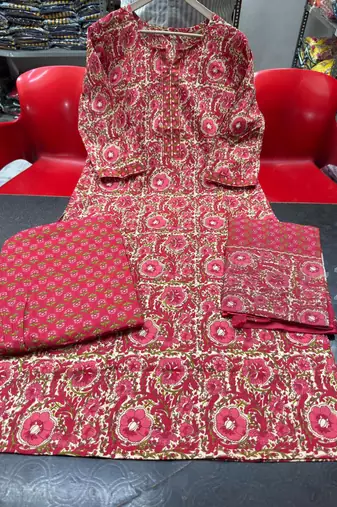 Beautiul red hand block printed cotton straight kurta palazzo suit set with dupatta