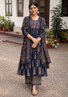 navy blue ajrakh printed cotton mirror work anarkali palazzo suit set 1
