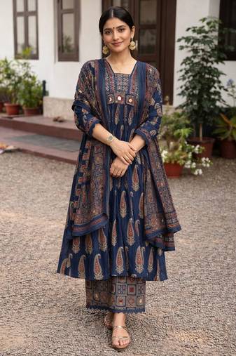 navy blue ajrakh printed cotton mirror work anarkali palazzo suit set