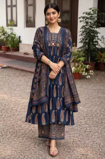navy blue ajrakh printed cotton mirror work anarkali palazzo suit set