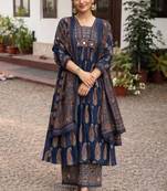 navy blue ajrakh printed cotton mirror work anarkali palazzo suit set