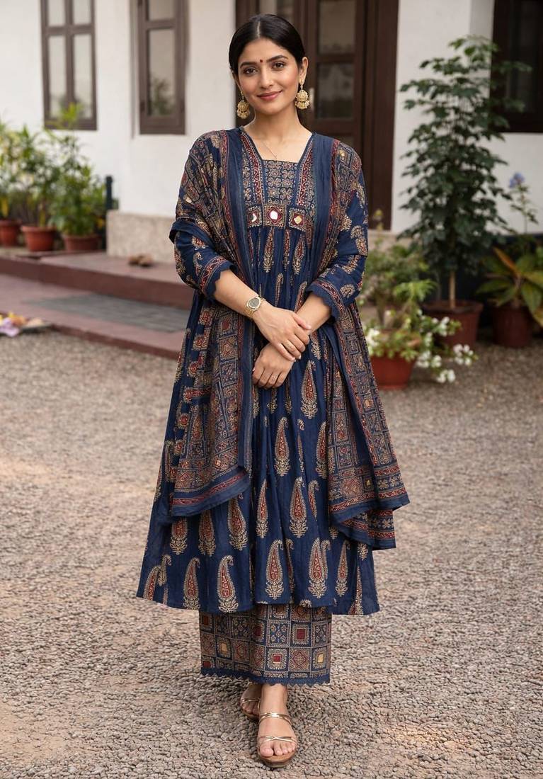 navy blue ajrakh printed cotton mirror work anarkali palazzo suit set