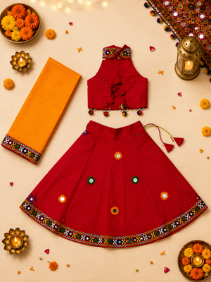 Red kutch work embroidered cotton mirrorwork chaniya choli set with dupatta 3