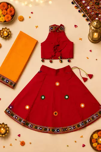 Red kutch work embroidered cotton mirrorwork chaniya choli set with dupatta