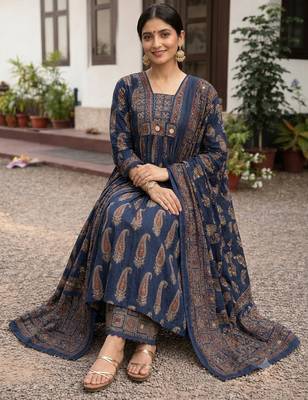 navy blue ajrakh printed cotton mirror work anarkali palazzo suit set 2