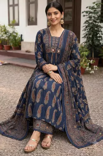 navy blue ajrakh printed cotton mirror work anarkali palazzo suit set