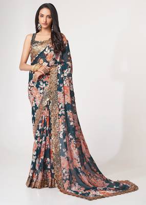  Deep Teal Blue features peach and beige floral printed Gold Sequins Embroidered Indian designer saree 6