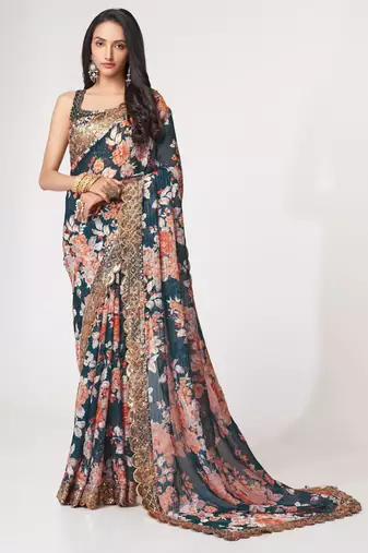  Deep Teal Blue features peach and beige floral printed Gold Sequins Embroidered Indian designer saree