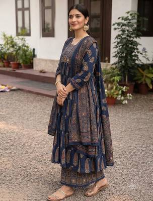 navy blue ajrakh printed cotton mirror work anarkali palazzo suit set 3