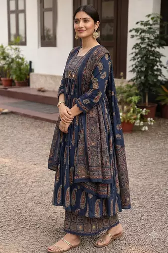navy blue ajrakh printed cotton mirror work anarkali palazzo suit set