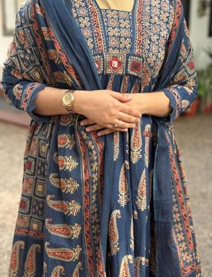 navy blue ajrakh printed cotton mirror work anarkali palazzo suit set 4