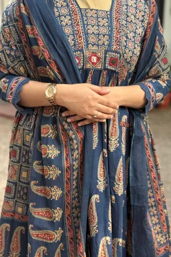 navy blue ajrakh printed cotton mirror work anarkali palazzo suit set
