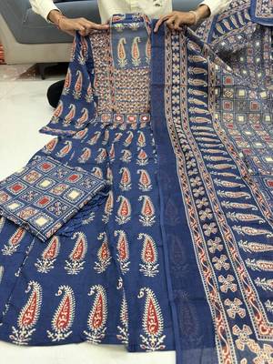navy blue ajrakh printed cotton mirror work anarkali palazzo suit set 5
