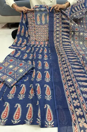 navy blue ajrakh printed cotton mirror work anarkali palazzo suit set