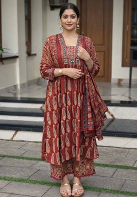 maroon ajrakh paisley print mirror work cotton anarkali suit set 1