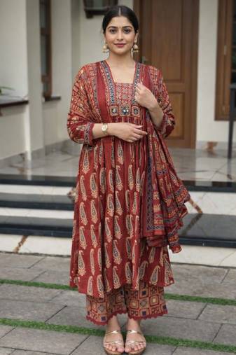 maroon ajrakh paisley print mirror work cotton anarkali suit set