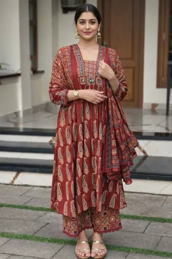maroon ajrakh paisley print mirror work cotton anarkali suit set