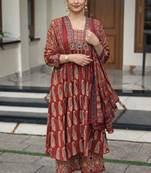 maroon ajrakh paisley print mirror work cotton anarkali suit set