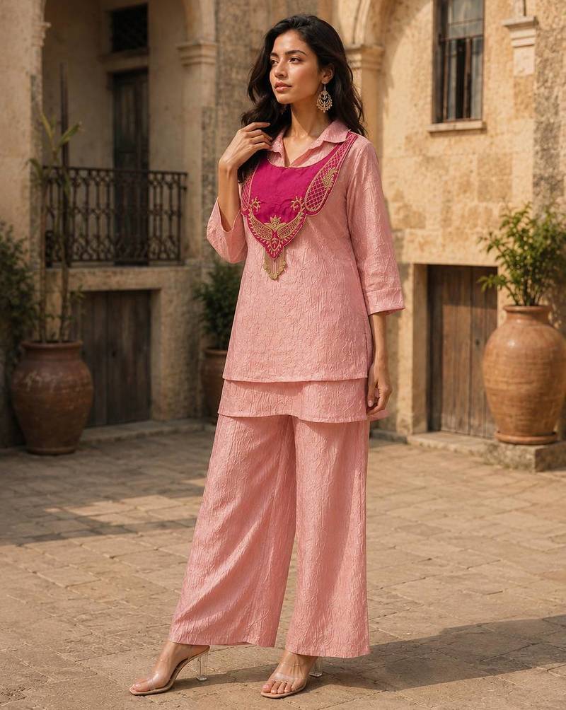 pink color embroidered wrok silk blend salwar suit