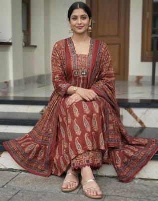 maroon ajrakh paisley print mirror work cotton anarkali suit set 2