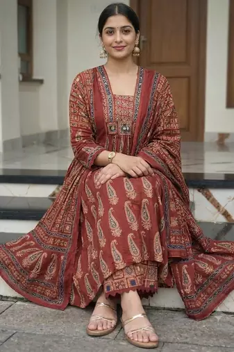 maroon ajrakh paisley print mirror work cotton anarkali suit set