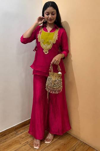 rani pink color embroidered wrok silk blend salwar suit