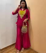 rani pink color embroidered wrok silk blend salwar suit