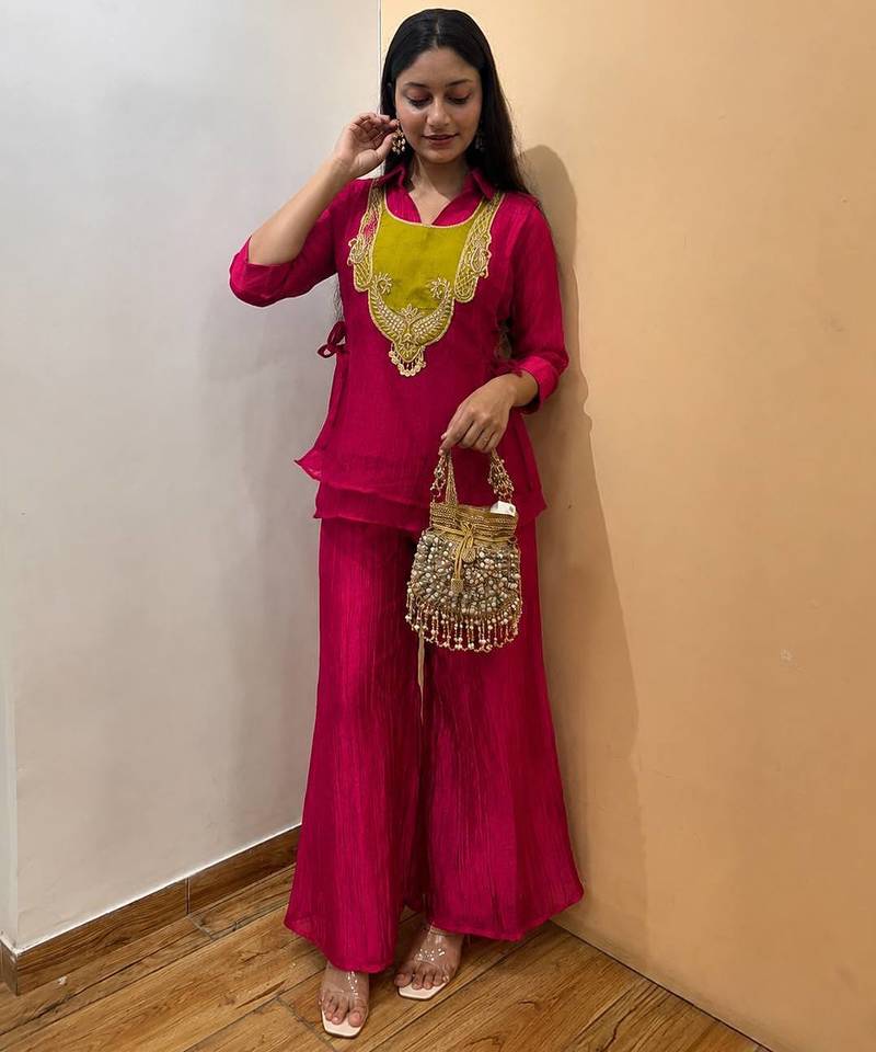 rani pink color embroidered wrok silk blend salwar suit