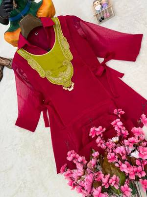 rani pink color embroidered wrok silk blend salwar suit 4