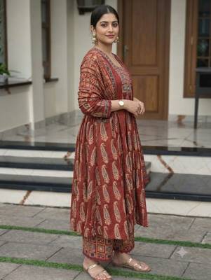 maroon ajrakh paisley print mirror work cotton anarkali suit set 3