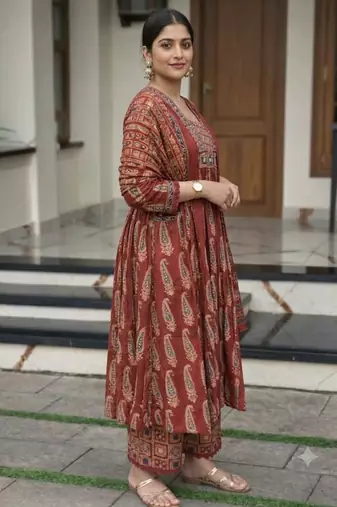 maroon ajrakh paisley print mirror work cotton anarkali suit set