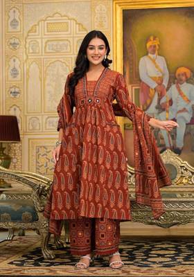 maroon ajrakh paisley print mirror work cotton anarkali suit set 4