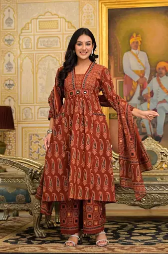 maroon ajrakh paisley print mirror work cotton anarkali suit set