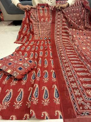 maroon ajrakh paisley print mirror work cotton anarkali suit set 5