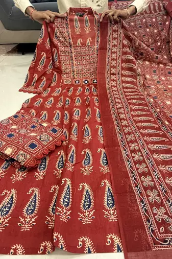 maroon ajrakh paisley print mirror work cotton anarkali suit set