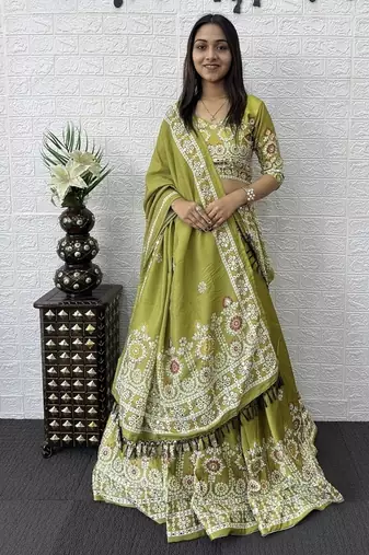 Parrot Green Color Printed And Mirror Work Satin Lehenga Choli Set