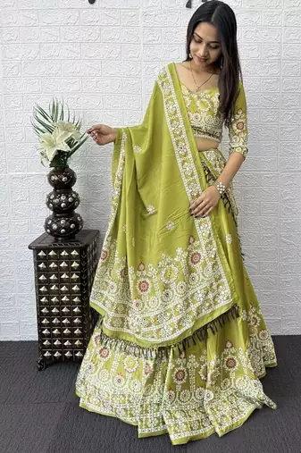 Parrot Green Color Printed And Mirror Work Satin Lehenga Choli Set