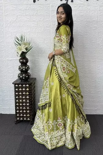 Parrot Green Color Printed And Mirror Work Satin Lehenga Choli Set