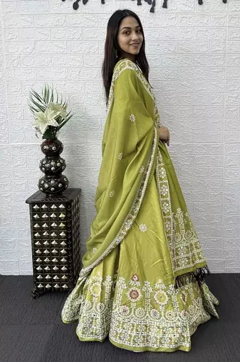 Parrot Green Color Printed And Mirror Work Satin Lehenga Choli Set