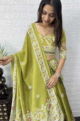 Parrot Green Color Printed And Mirror Work Satin Lehenga Choli Set