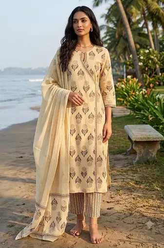beige hand-block printed cotton straight kurta set with dupatta