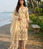 beige hand-block printed cotton straight kurta set with dupatta
