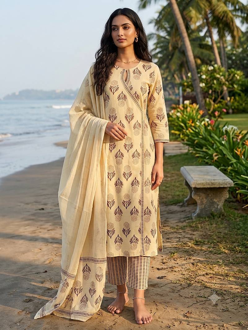 beige hand-block printed cotton straight kurta set with dupatta