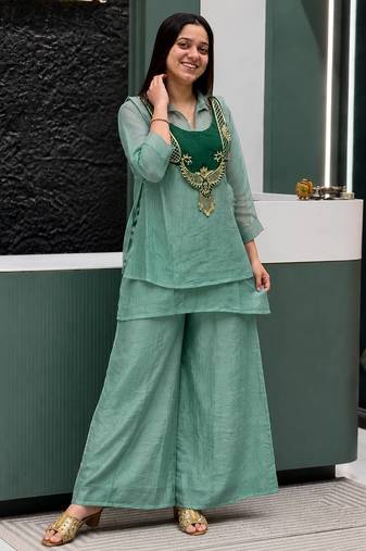 sky blue color embroidered wrok silk blend salwar suit