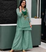 sky blue color embroidered wrok silk blend salwar suit